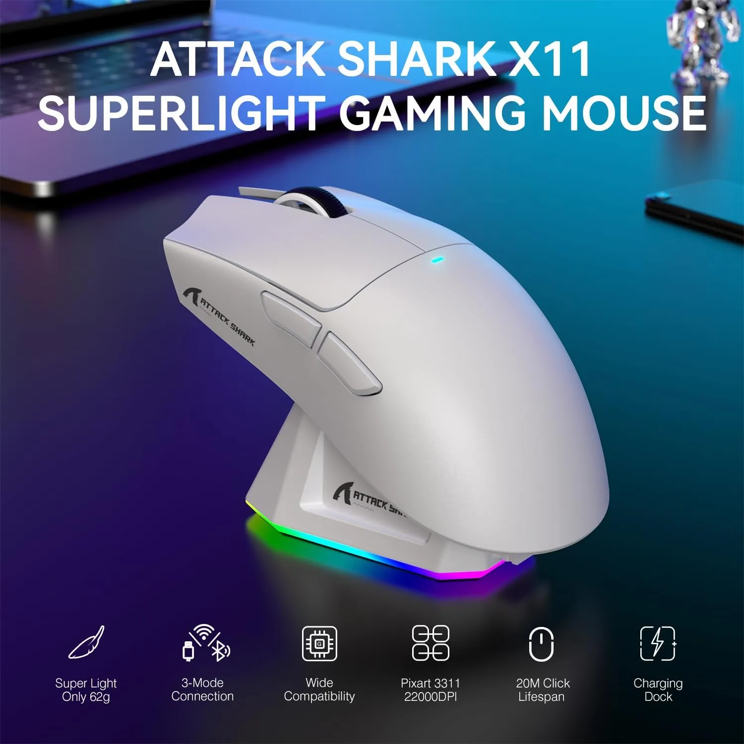 ATTACK SHARK X11 Lightweight Wireless Gaming Mouse with RGB Charging Dock,Tri-Mode-2.4G/USB-C Wired/BT,22K DPI,PAW3311 Optical Sensor,HUYU Switch, 5 programmable Buttons for PC/Mac(White)