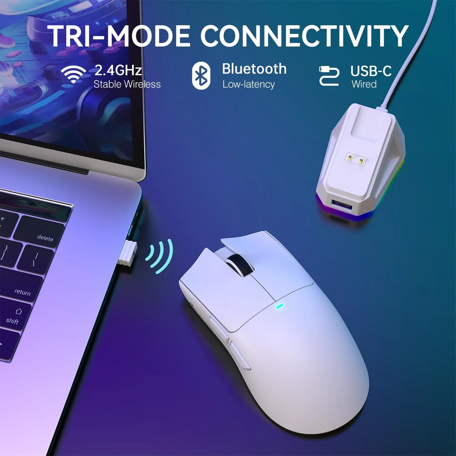 ATTACK SHARK X11 Lightweight Wireless Gaming Mouse with RGB Charging Dock,Tri-Mode-2.4G/USB-C Wired/BT,22K DPI,PAW3311 Optical Sensor,HUYU Switch, 5 programmable Buttons for PC/Mac(White)