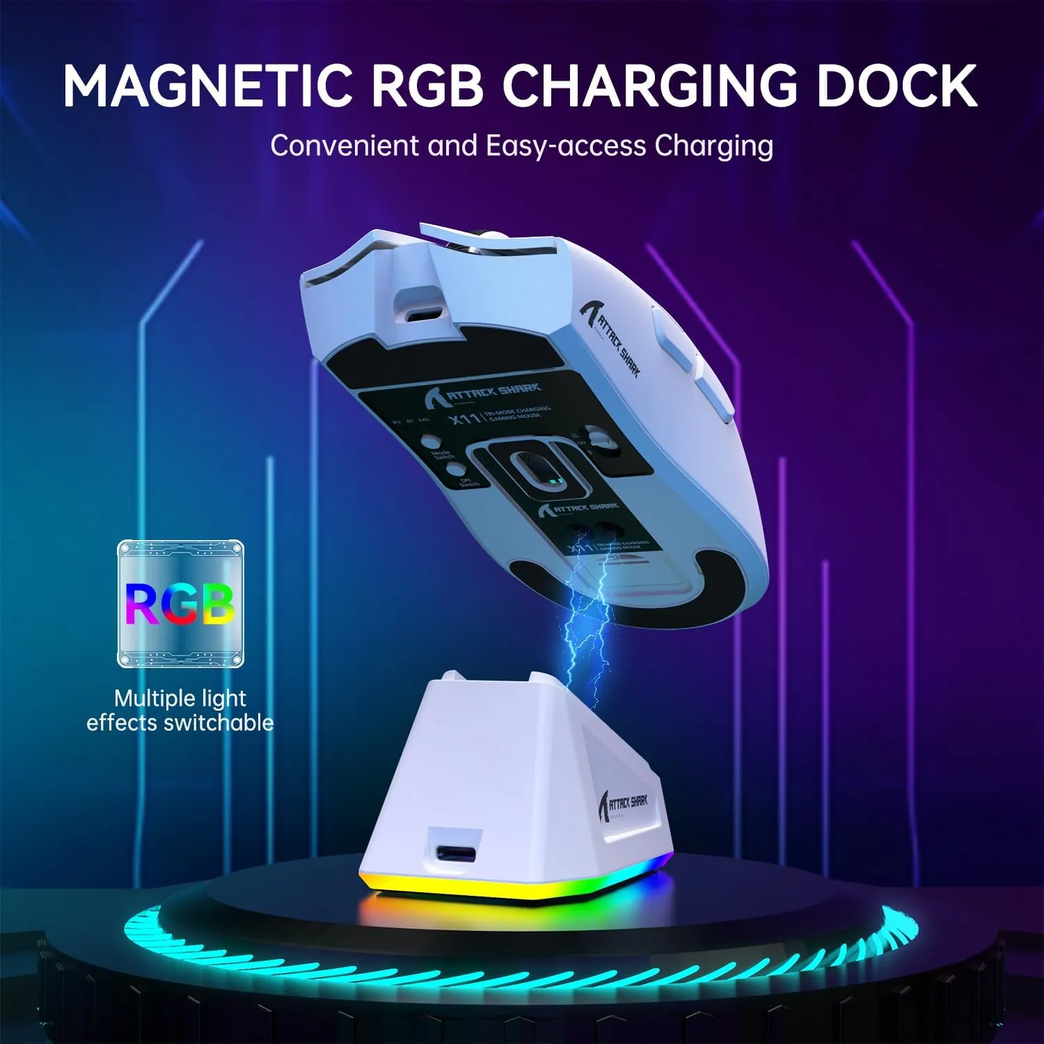 ATTACK SHARK X11 Lightweight Wireless Gaming Mouse with RGB Charging Dock,Tri-Mode-2.4G/USB-C Wired/BT,22K DPI,PAW3311 Optical Sensor,HUYU Switch, 5 programmable Buttons for PC/Mac(White)