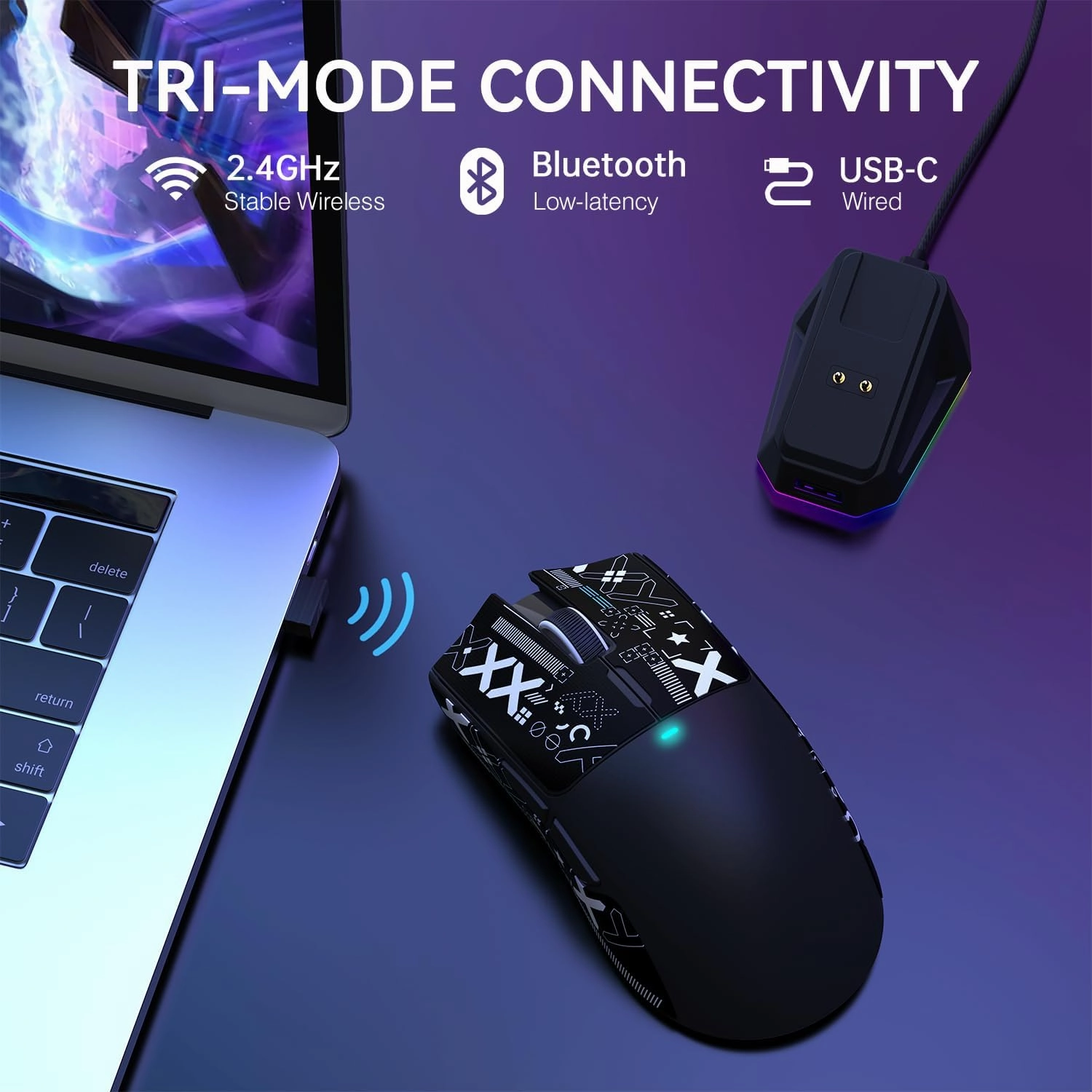 ATTACK SHARK X11 Lightweight Wireless Gaming Mouse with RGB Charging Dock,Tri-Mode-2.4G/USB-C Wired/BT,22K DPI,PAW3311 Optical Sensor,HUYU Switch, 5 programmable Buttons for PC/Mac(Black&Sticker)