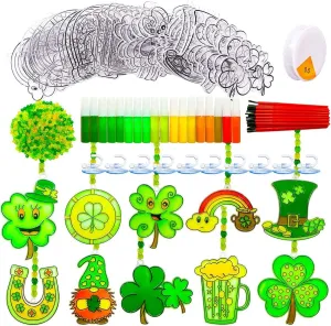 AUEKIV St. Patrick's Day Shamrock Suncatchers Ornaments DIY Window Paint Art Craft Kit 30pcs Irish Lucky Shamrock Four-Leaf Clover Rainbow Sun Catchers Decorations for Party Favors Activities Gift