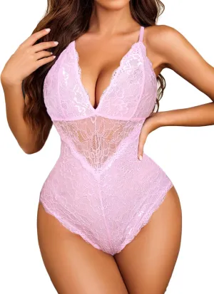 Avidlove Women Snap Crotch Lingerie Sexy Lace Bodysuit Deep V Teddy One Piece Lace Babydoll