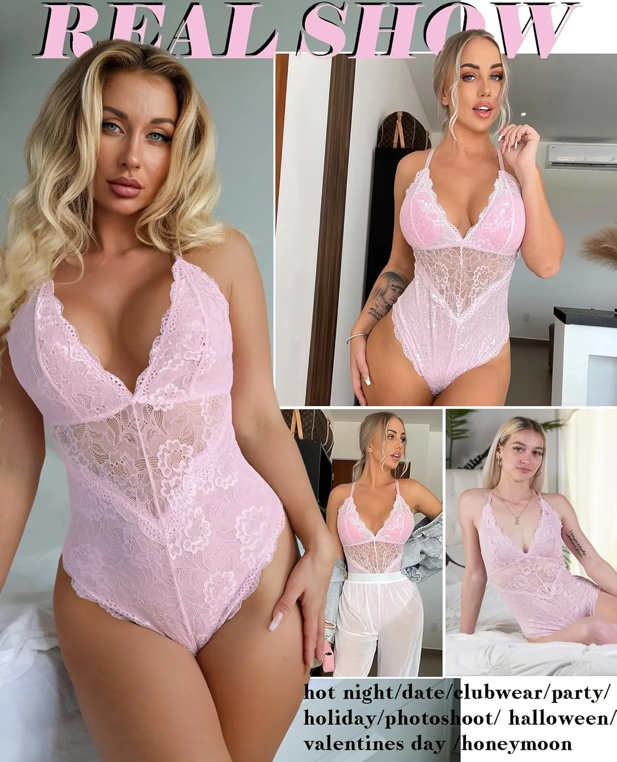 Avidlove Women Snap Crotch Lingerie Sexy Lace Bodysuit Deep V Teddy One Piece Lace Babydoll