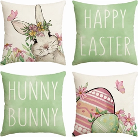 AVOIN colorlife Happy Easter Hunny Bunny Green Throw Pillow Covers, 18 x 18 Inch Easter Eggs Bunny Spring Cushion Case for Sofa Couch Set of 4
