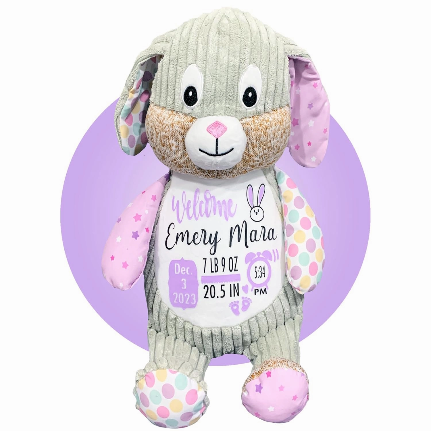Baby Birth Stats Plush - Birth Announcement Stuffed Animals - Personalized Baby Keepsake - Baby Shower Gift - Birth Information Plush - Free Gift Wrapping - Removable Cover (Bunny Violet)