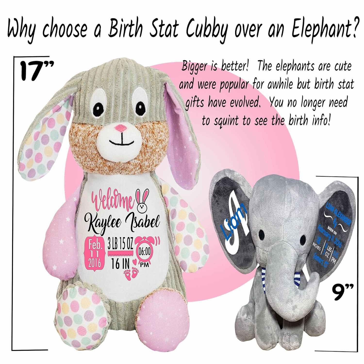 Baby Birth Stats Plush - Birth Announcement Stuffed Animals - Personalized Baby Keepsake - Baby Shower Gift - Birth Information Plush - Free Gift Wrapping - Removable Cover (Bunny Violet)