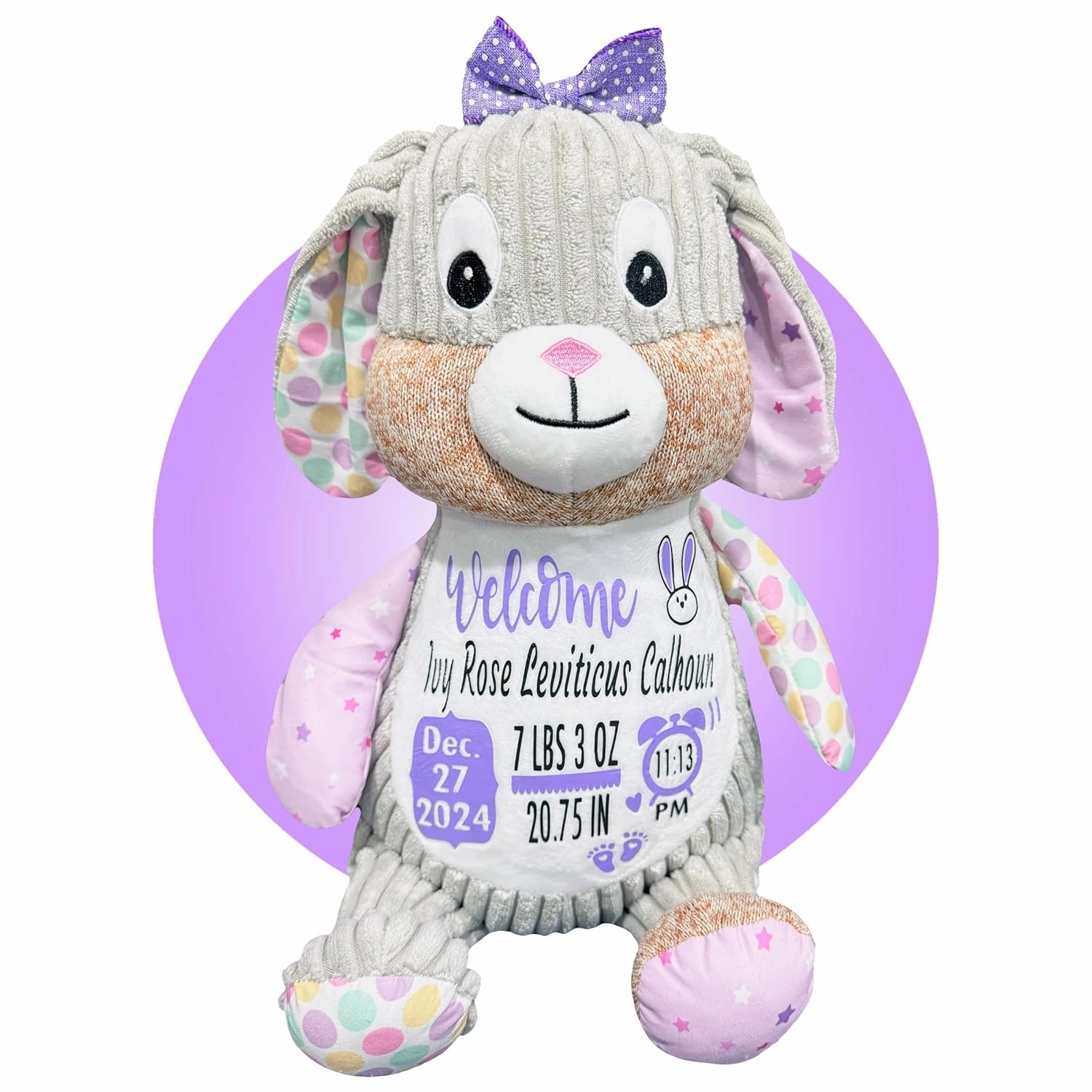 Baby Birth Stats Plush - Birth Announcement Stuffed Animals - Personalized Baby Keepsake - Baby Shower Gift - Birth Information Plush - Free Gift Wrapping - Removable Cover (Bunny Violet)