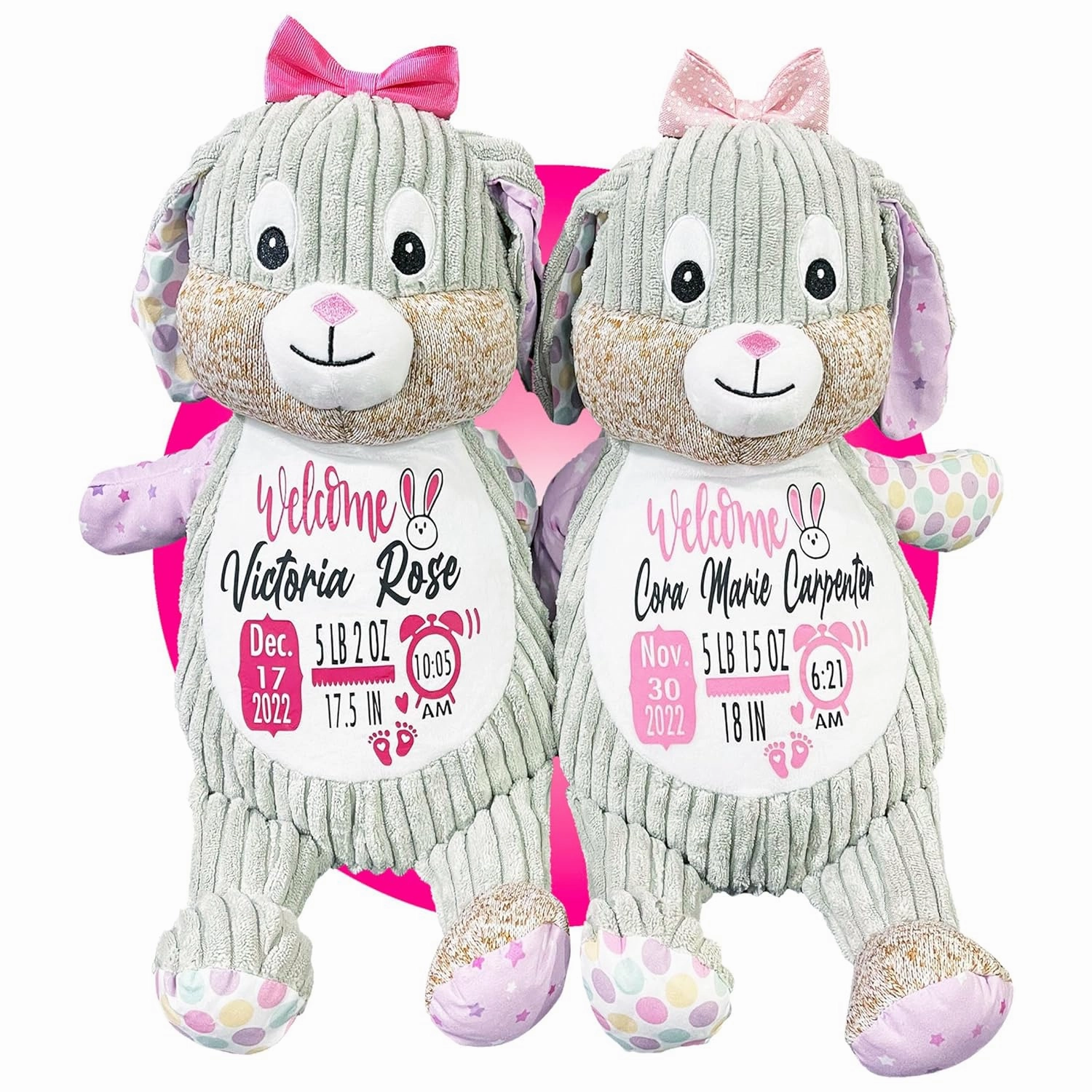 Baby Birth Stats Plush - Birth Announcement Stuffed Animals - Personalized Baby Keepsake - Baby Shower Gift - Birth Information Plush - Free Gift Wrapping - Removable Cover (Bunny Violet)