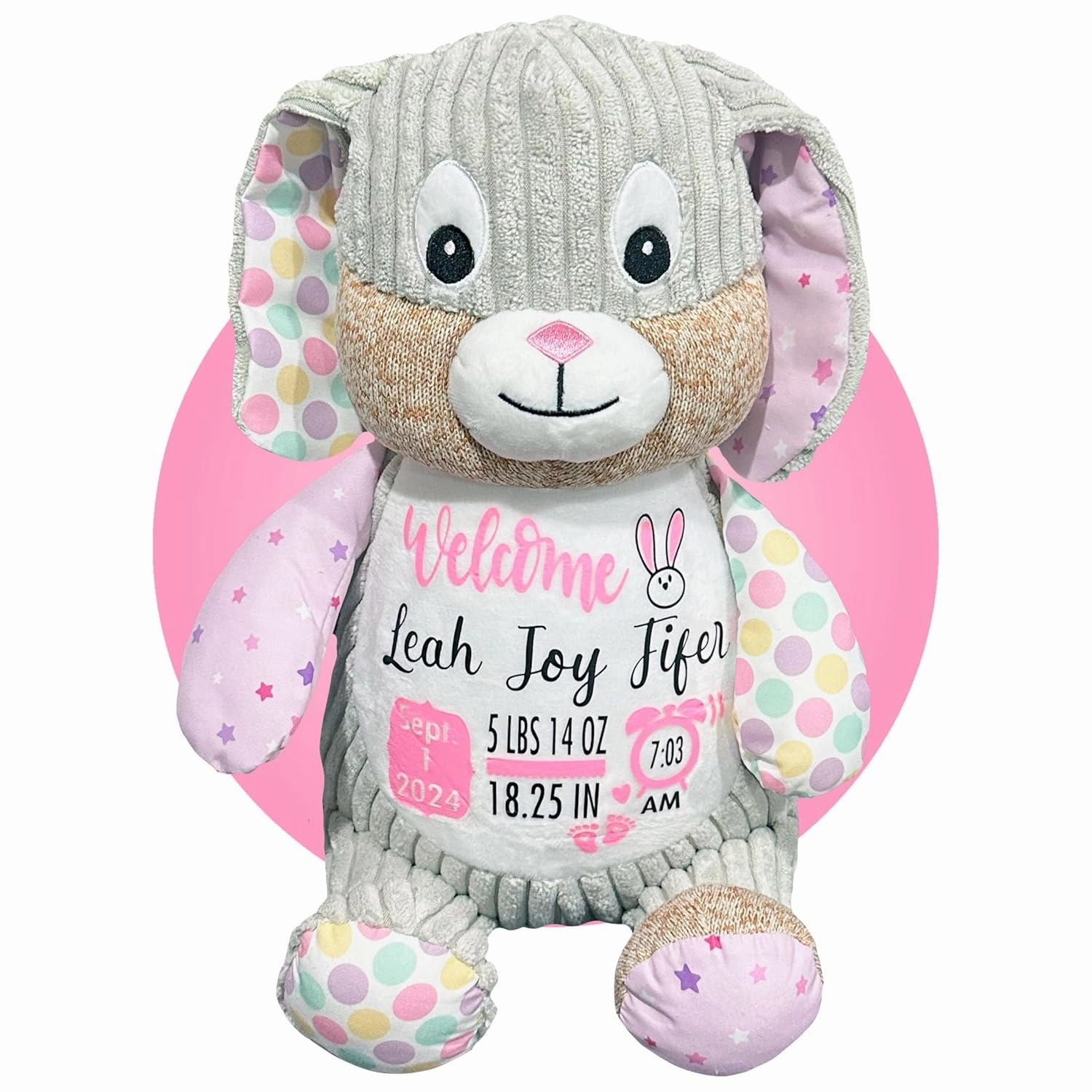 Baby Birth Stats Plush - Birth Announcement Stuffed Animals - Personalized Baby Keepsake - Baby Shower Gift - Birth Information Plush - Free Gift Wrapping - Removable Cover (Bunny Violet)