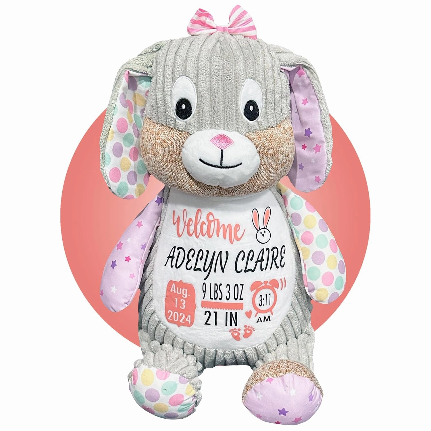 Baby Birth Stats Plush - Birth Announcement Stuffed Animals - Personalized Baby Keepsake - Baby Shower Gift - Birth Information Plush - Free Gift Wrapping - Removable Cover (Bunny Violet)