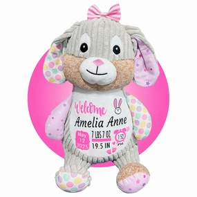 Baby Birth Stats Plush - Birth Announcement Stuffed Animals - Personalized Baby Keepsake - Baby Shower Gift - Birth Information Plush - Free Gift Wrapping - Removable Cover (Bunny Violet)