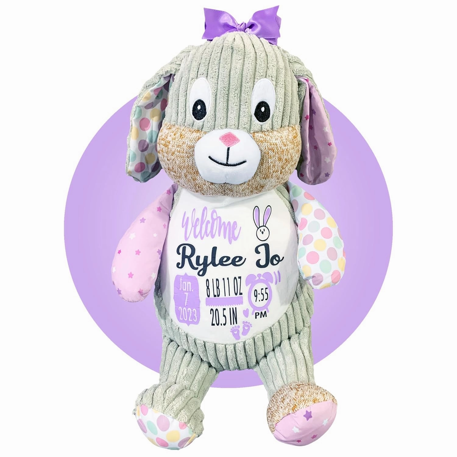 Baby Birth Stats Plush - Birth Announcement Stuffed Animals - Personalized Baby Keepsake - Baby Shower Gift - Birth Information Plush - Free Gift Wrapping - Removable Cover (Bunny Violet)