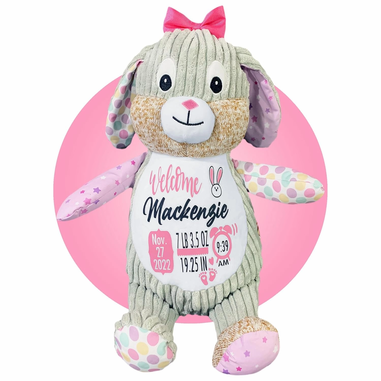 Baby Birth Stats Plush - Birth Announcement Stuffed Animals - Personalized Baby Keepsake - Baby Shower Gift - Birth Information Plush - Free Gift Wrapping - Removable Cover (Bunny Violet)