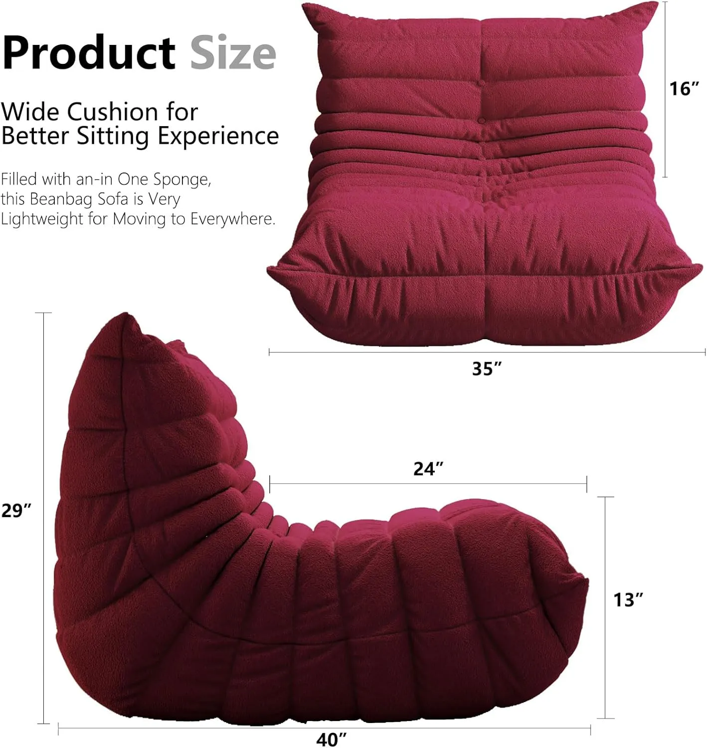 Bean Bag Chairs for Adults, Memory Foam Couch Single Sofa Chair, Soft Teddy Material Cozy Comfy Reading Nook Chairs, Floor Chair for Living Room Bedroom Office (Burgundy)