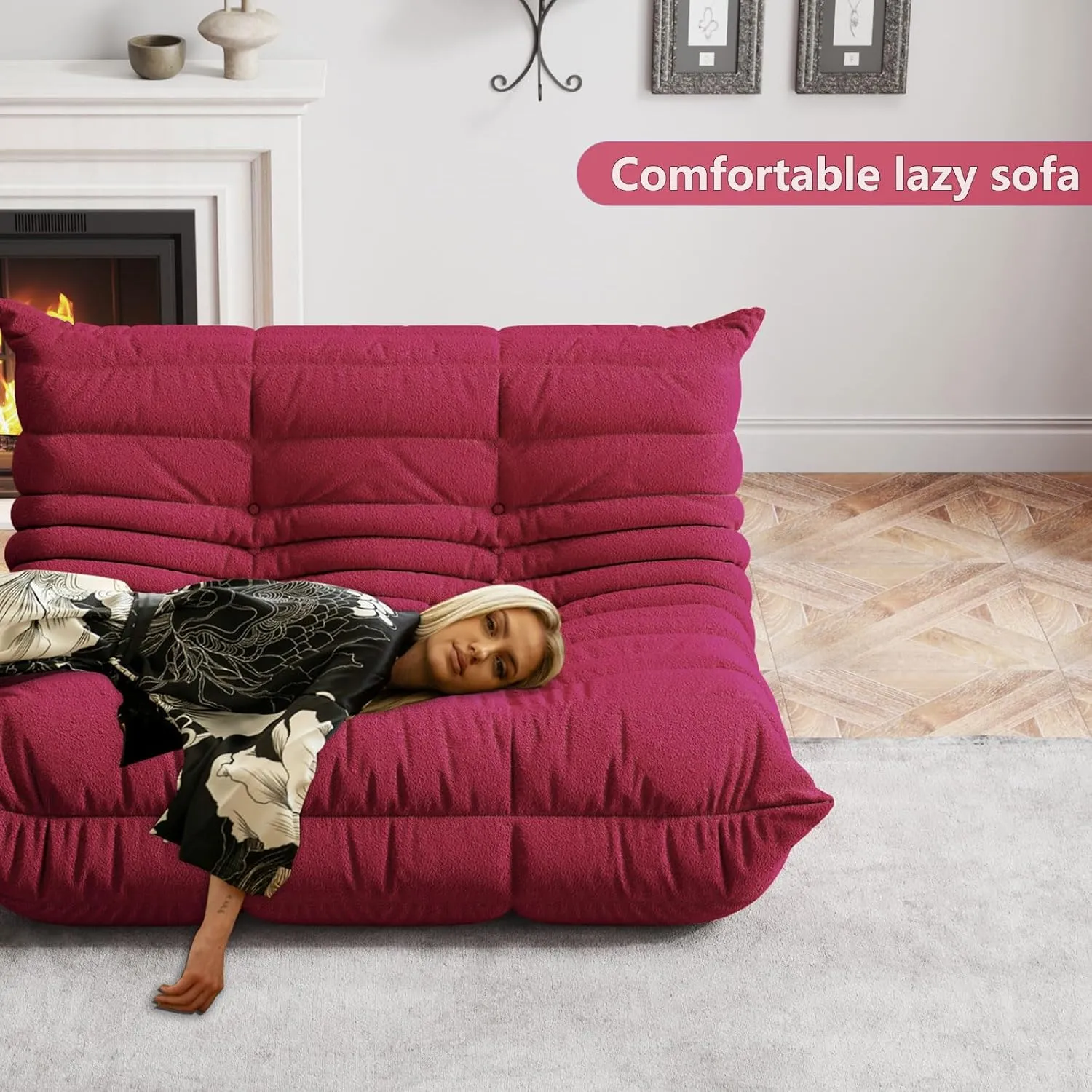Bean Bag Chairs for Adults, Memory Foam Couch Single Sofa Chair, Soft Teddy Material Cozy Comfy Reading Nook Chairs, Floor Chair for Living Room Bedroom Office (Burgundy)