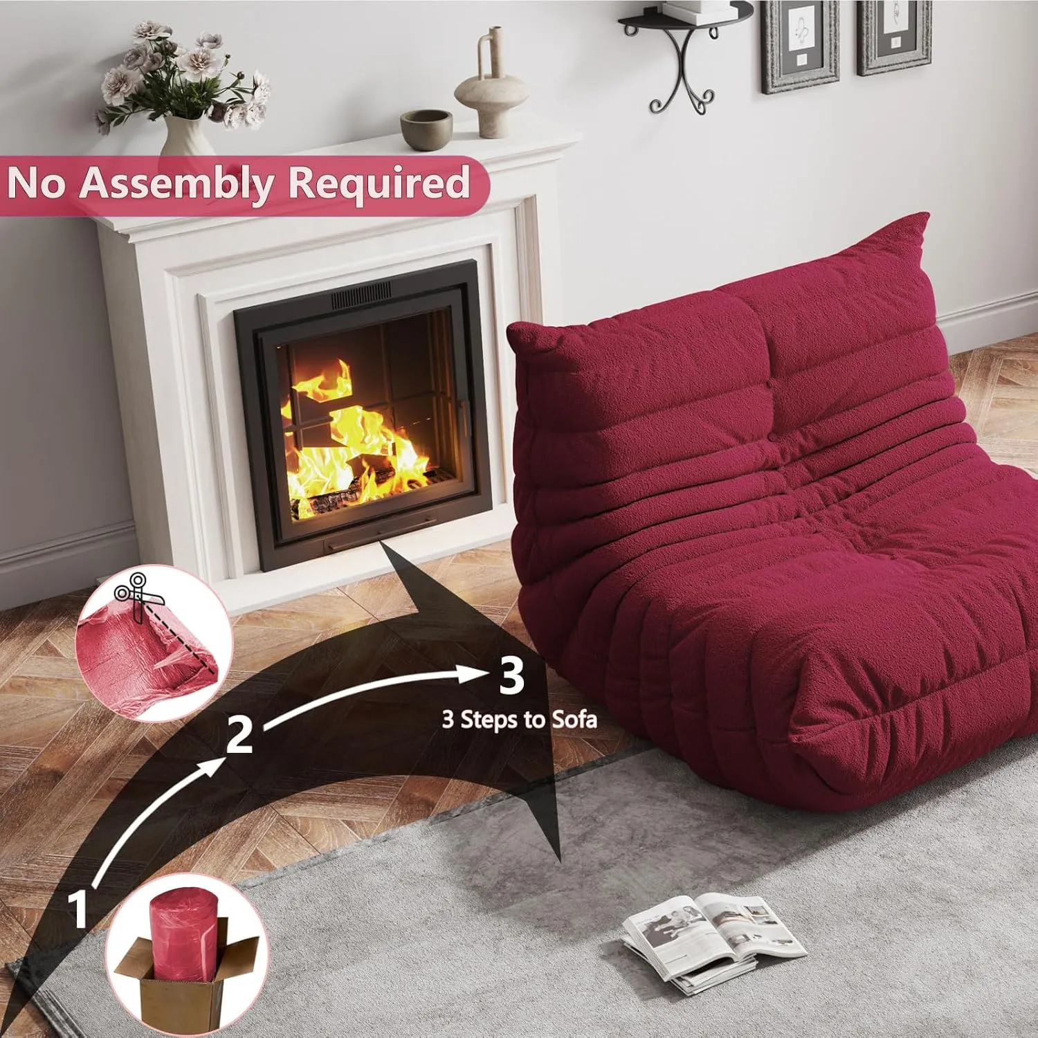 Bean Bag Chairs for Adults, Memory Foam Couch Single Sofa Chair, Soft Teddy Material Cozy Comfy Reading Nook Chairs, Floor Chair for Living Room Bedroom Office (Burgundy)