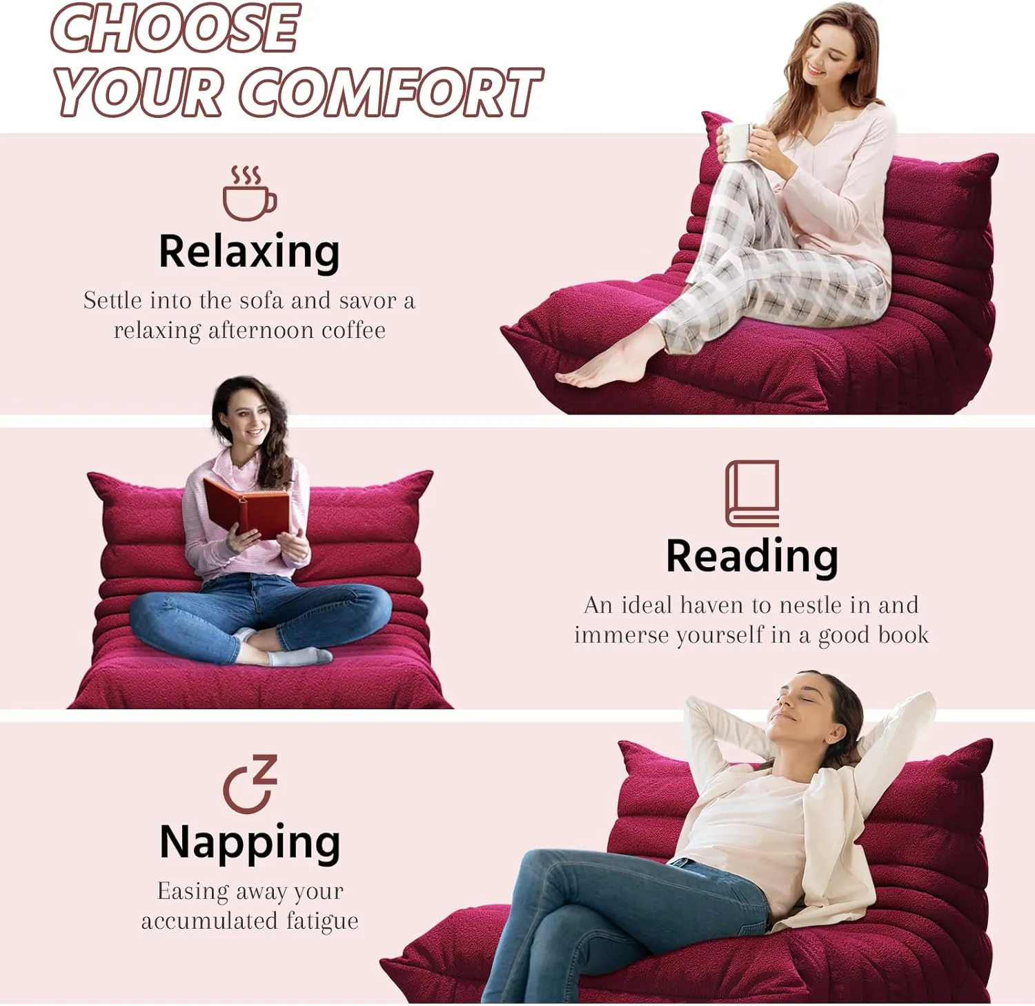 Bean Bag Chairs for Adults, Memory Foam Couch Single Sofa Chair, Soft Teddy Material Cozy Comfy Reading Nook Chairs, Floor Chair for Living Room Bedroom Office (Burgundy)