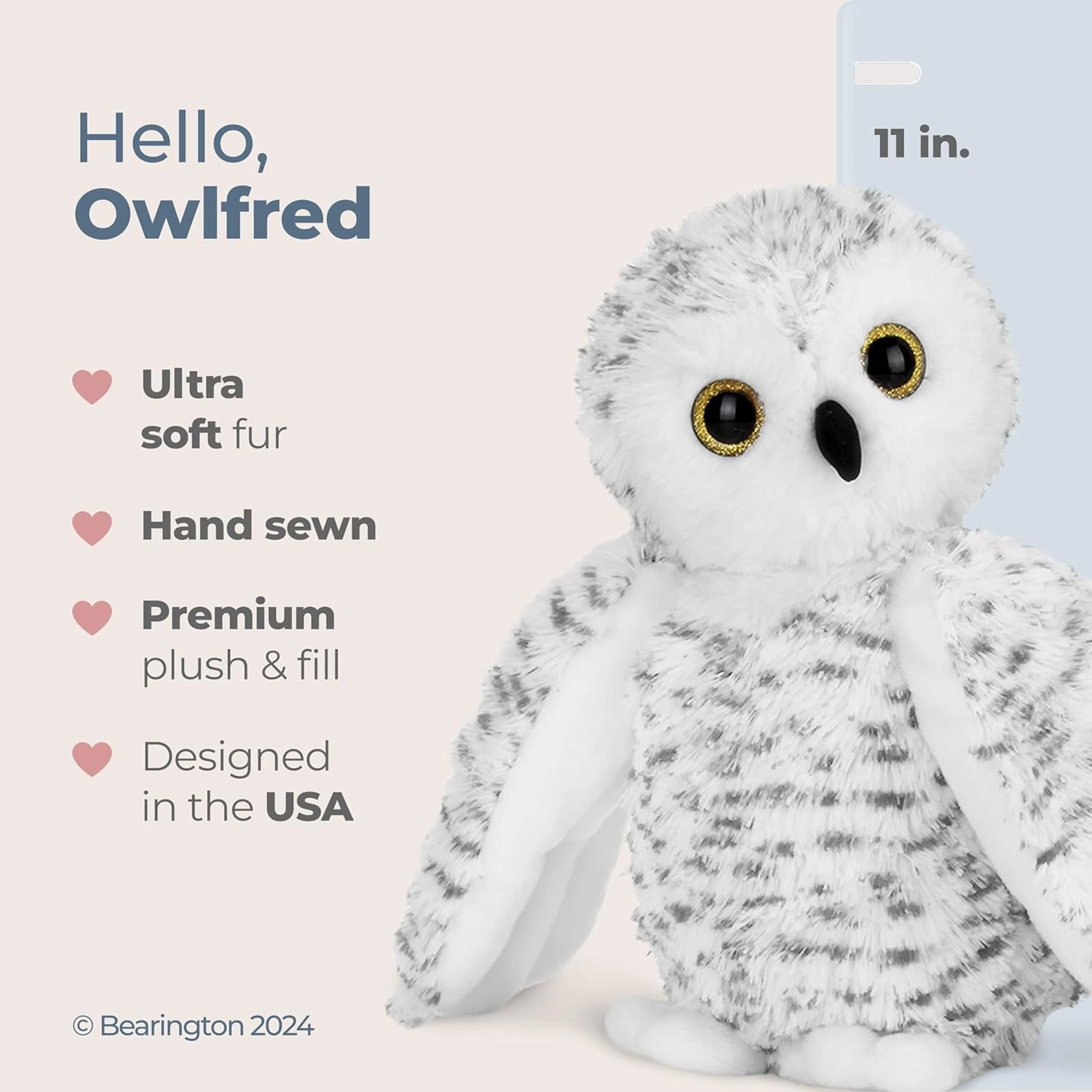 Bearington Collection Owlfred Plush Stuffed Animal White Snowy Owl, 11 inches - Bird Plush Toy