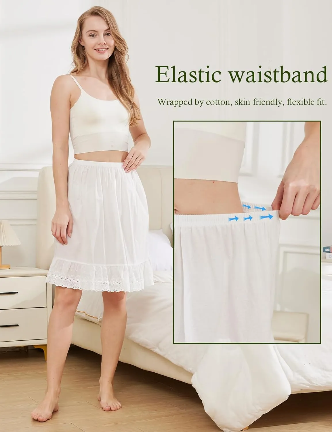 BEAUTELICATE Half Slip 100% Cotton Vintage Underskirt with Lace Embroidery