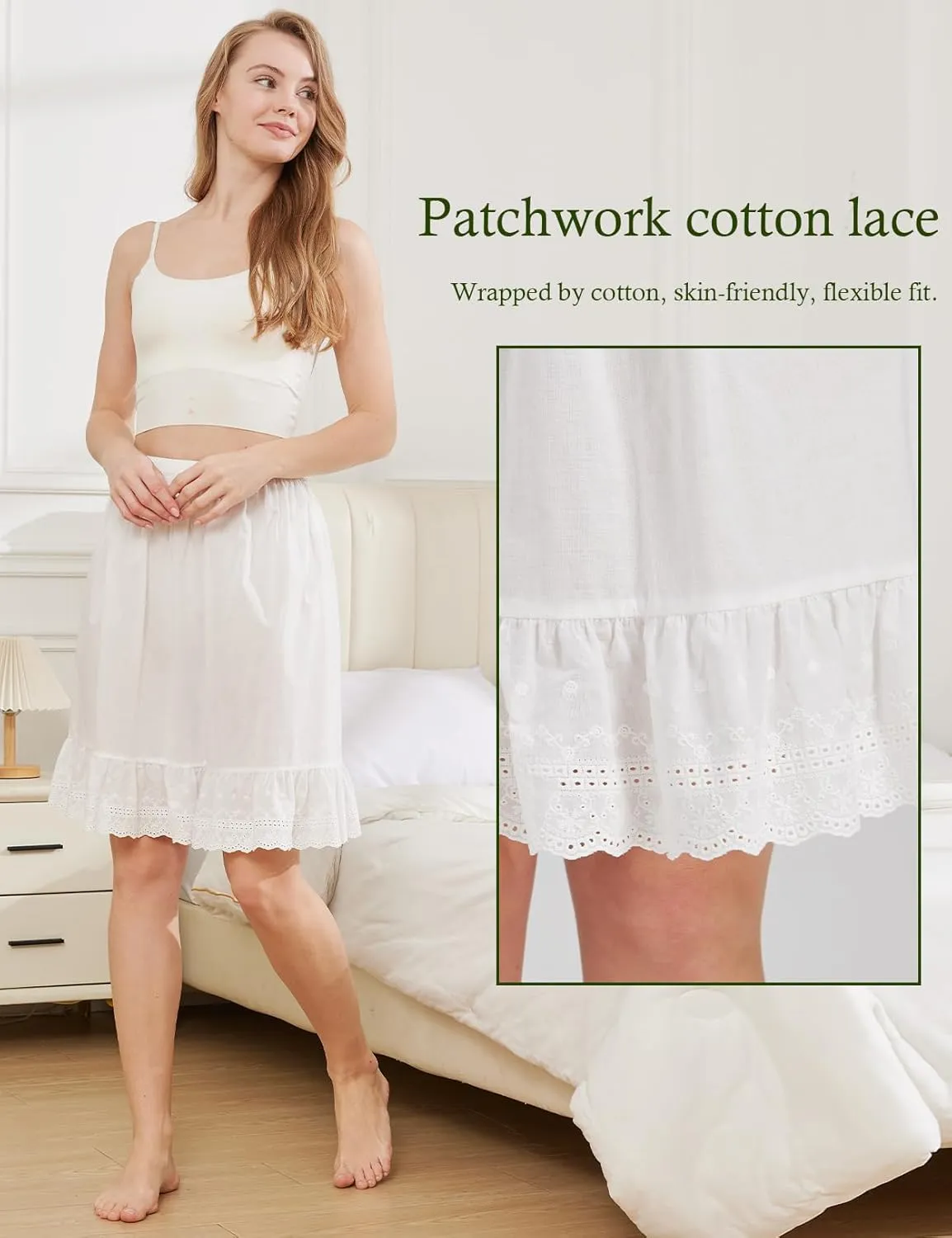 BEAUTELICATE Half Slip 100% Cotton Vintage Underskirt with Lace Embroidery