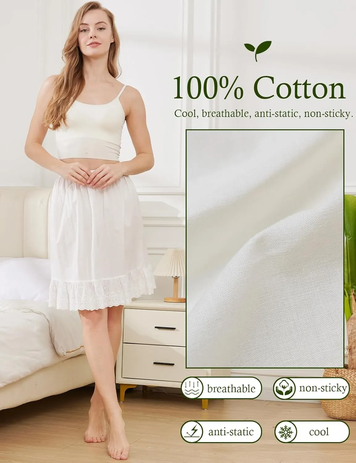 BEAUTELICATE Half Slip 100% Cotton Vintage Underskirt with Lace Embroidery