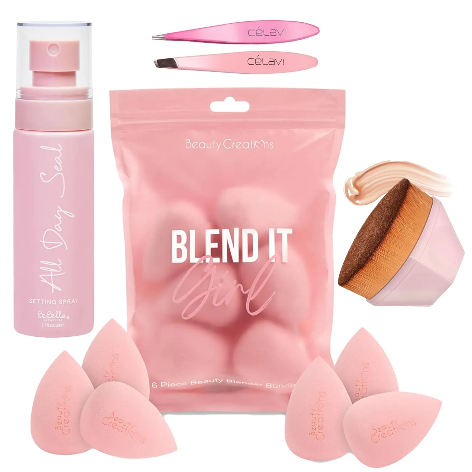Beauty Bundle: Blend It Girl Beauty Blenders, All Day Seal, Celavi Tweezer Set, & Pink Kabuki Foundation Brush