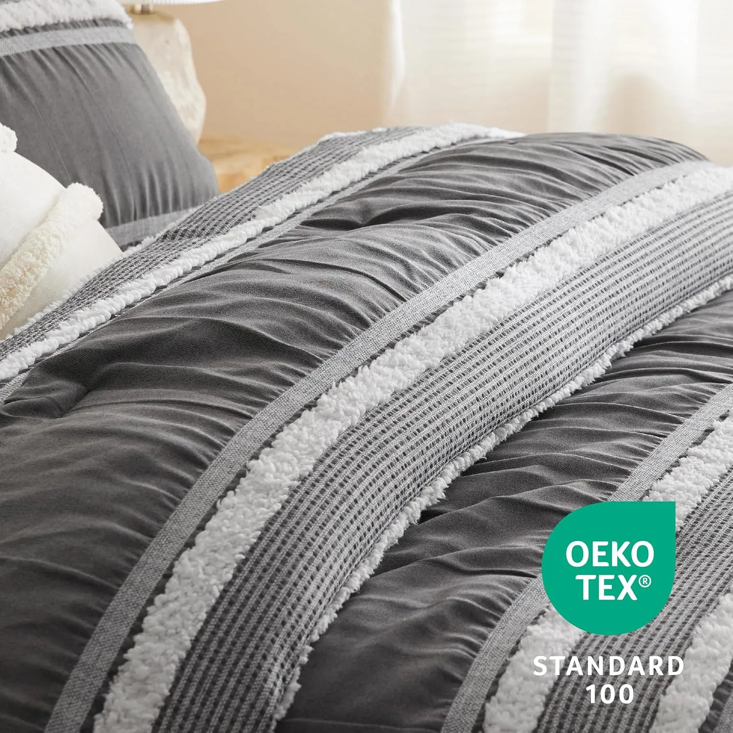 Bedsure Boho Comforter Set Queen - Dark Grey Jacquard Bedding Queen Size, 3 Pieces Farmhouse Shabby Chic Embroidery Bed Set, Soft Fluffy Tufted Striped Comforter for All Seasons