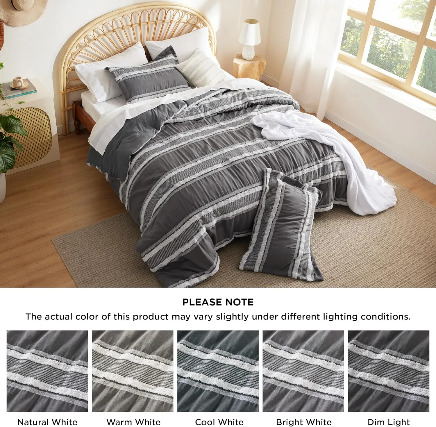 Bedsure Boho Comforter Set Queen - Dark Grey Jacquard Bedding Queen Size, 3 Pieces Farmhouse Shabby Chic Embroidery Bed Set, Soft Fluffy Tufted Striped Comforter for All Seasons