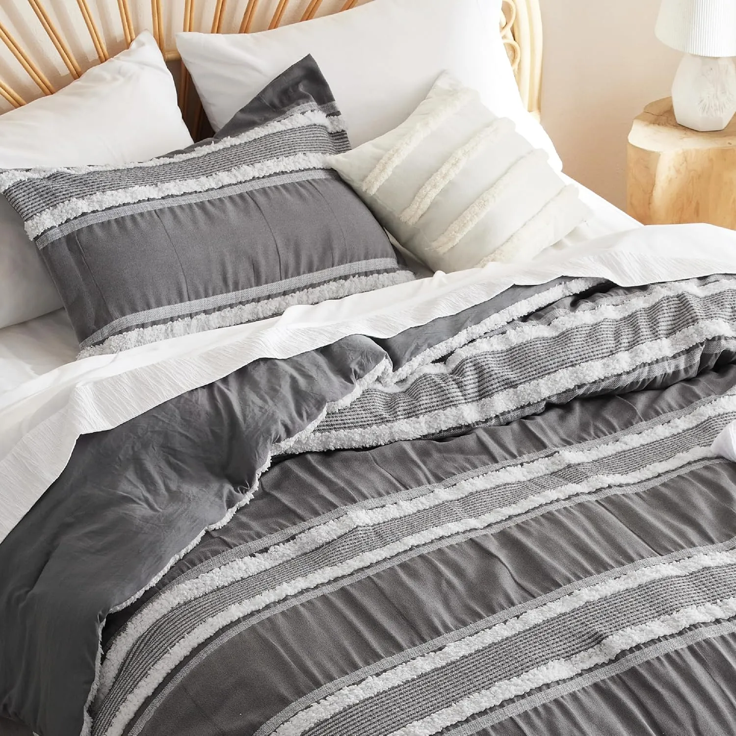 Bedsure Boho Comforter Set Queen - Dark Grey Jacquard Bedding Queen Size, 3 Pieces Farmhouse Shabby Chic Embroidery Bed Set, Soft Fluffy Tufted Striped Comforter for All Seasons