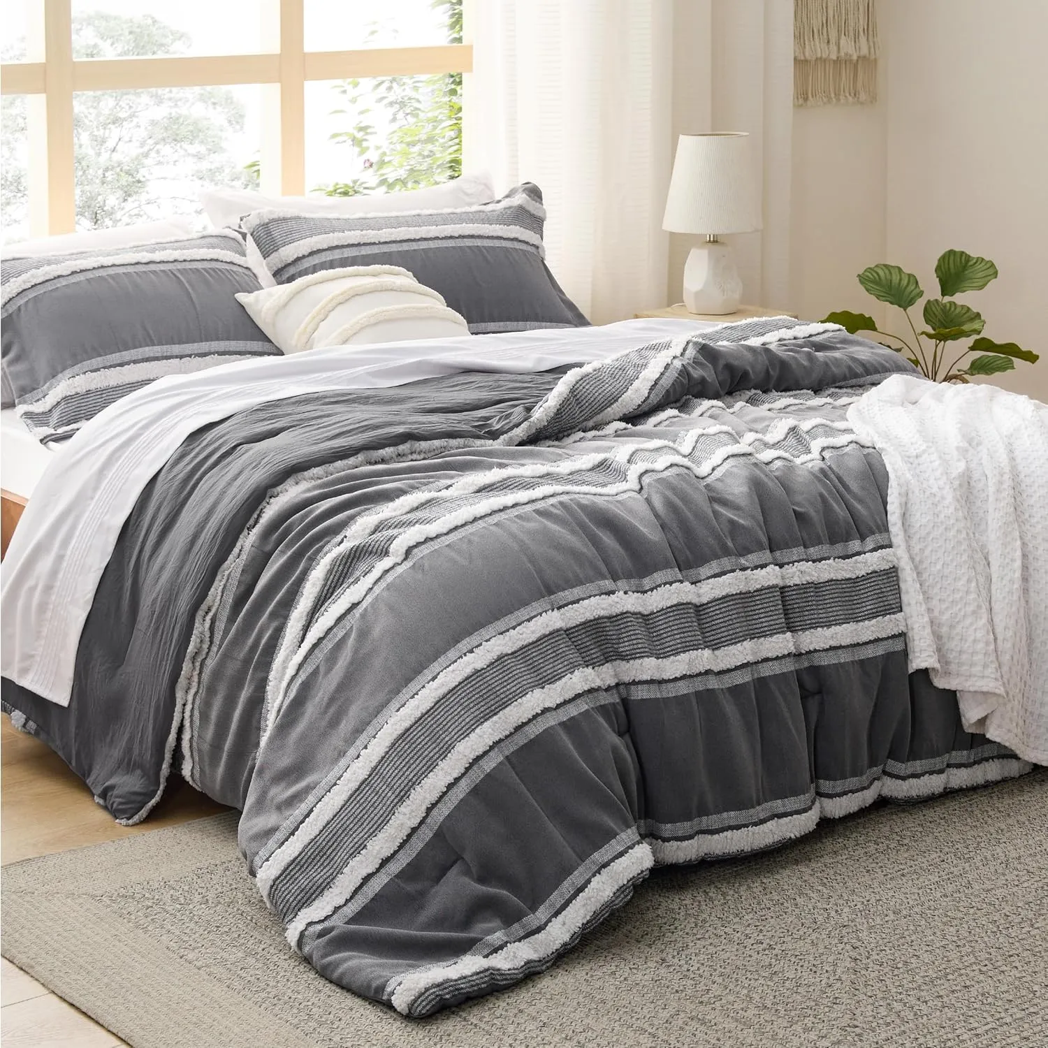 Bedsure Boho Comforter Set Queen - Dark Grey Jacquard Bedding Queen Size, 3 Pieces Farmhouse Shabby Chic Embroidery Bed Set, Soft Fluffy Tufted Striped Comforter for All Seasons