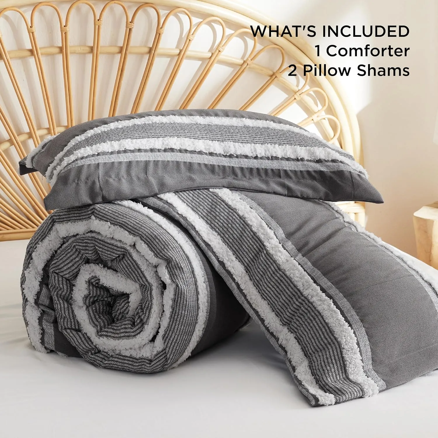Bedsure Boho Comforter Set Queen - Dark Grey Jacquard Bedding Queen Size, 3 Pieces Farmhouse Shabby Chic Embroidery Bed Set, Soft Fluffy Tufted Striped Comforter for All Seasons