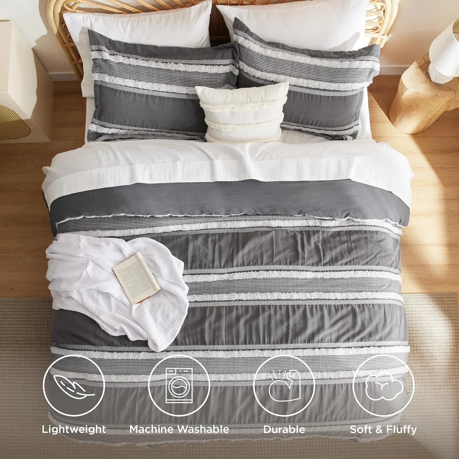 Bedsure Boho Comforter Set Queen - Dark Grey Jacquard Bedding Queen Size, 3 Pieces Farmhouse Shabby Chic Embroidery Bed Set, Soft Fluffy Tufted Striped Comforter for All Seasons
