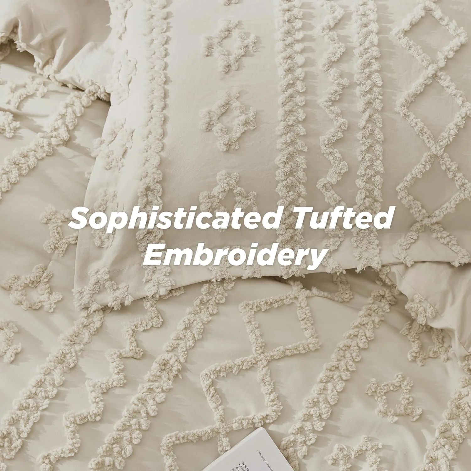 Bedsure Tufted Boho Comforter Set Queen Size - Beige Boho Bed Set, GentleSoft™ 3 Pieces Farmhouse Shabby Chic Embroidery Bedding, Gifts for Woman, Soft Jacquard Queen Comforter for All Seasons