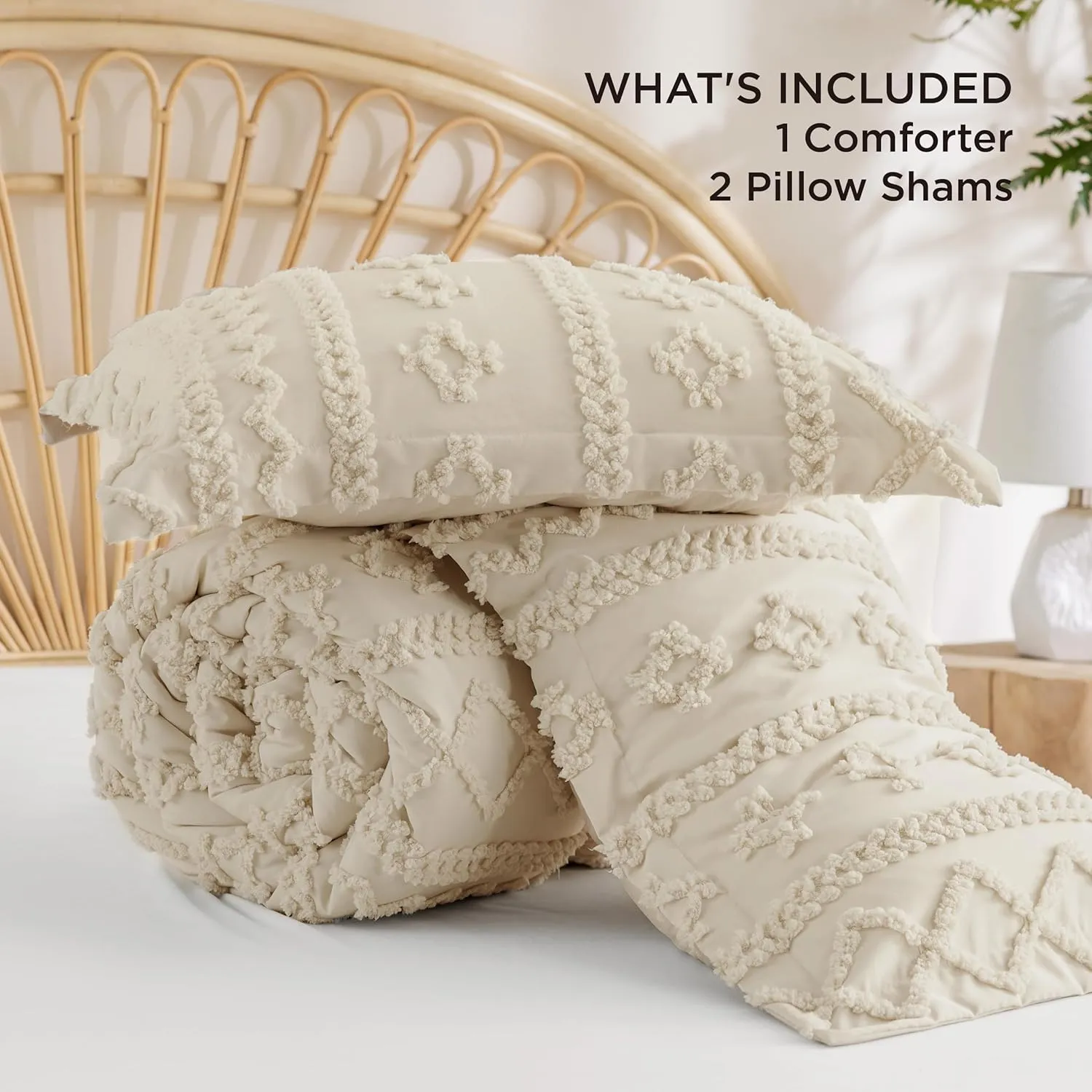Bedsure Tufted Boho Comforter Set Queen Size - Beige Boho Bed Set, GentleSoft™ 3 Pieces Farmhouse Shabby Chic Embroidery Bedding, Gifts for Woman, Soft Jacquard Queen Comforter for All Seasons