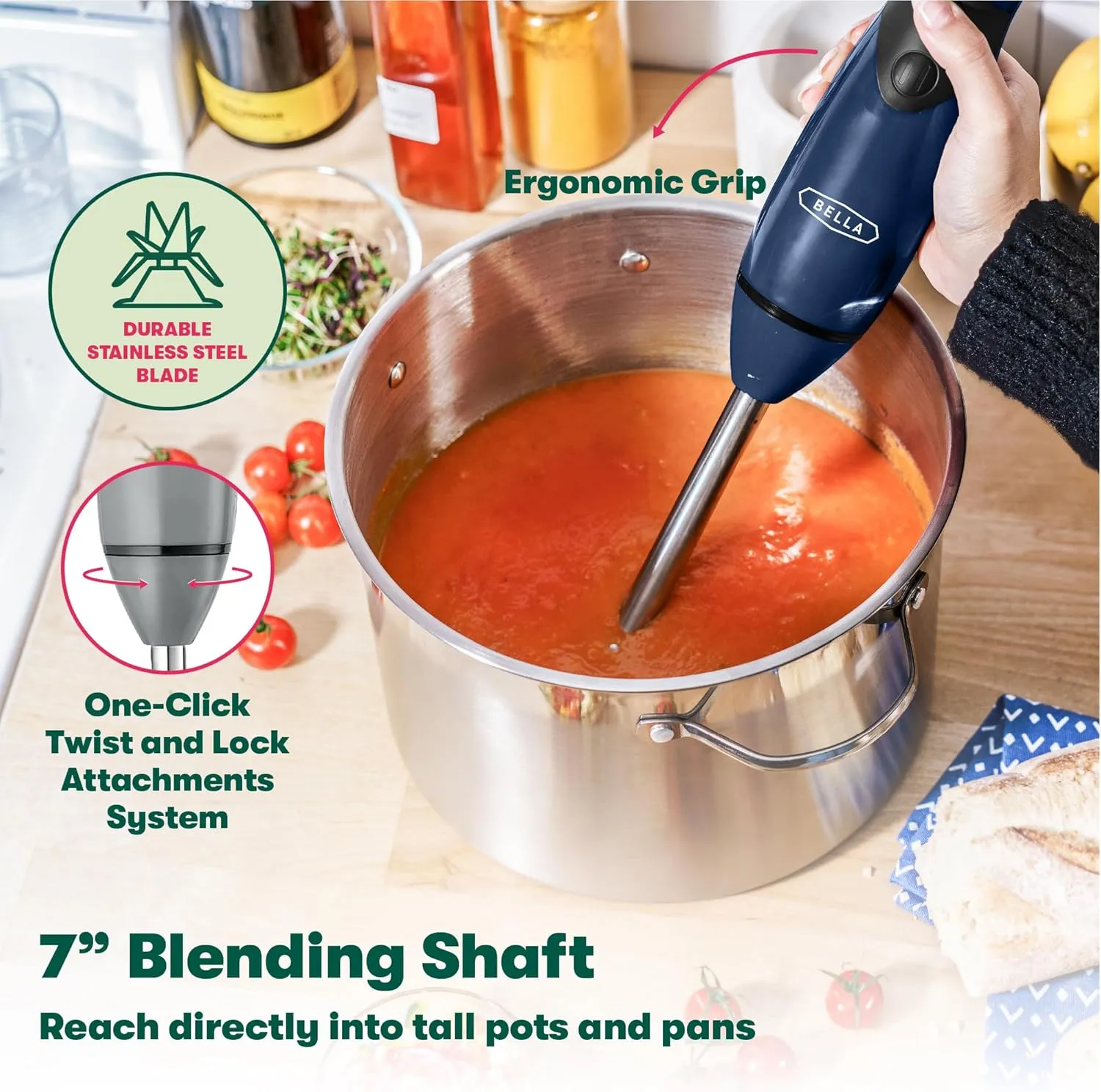 BELLA Immersion Blender, Portable Mixer and Emulsifier with Whisk Attachment, 2 Speed, Electric Handheld Juicer, Shakes, Baby Food and Smoothie Maker, Stainless Steel, BPA Free, 250 Watt, Blue
