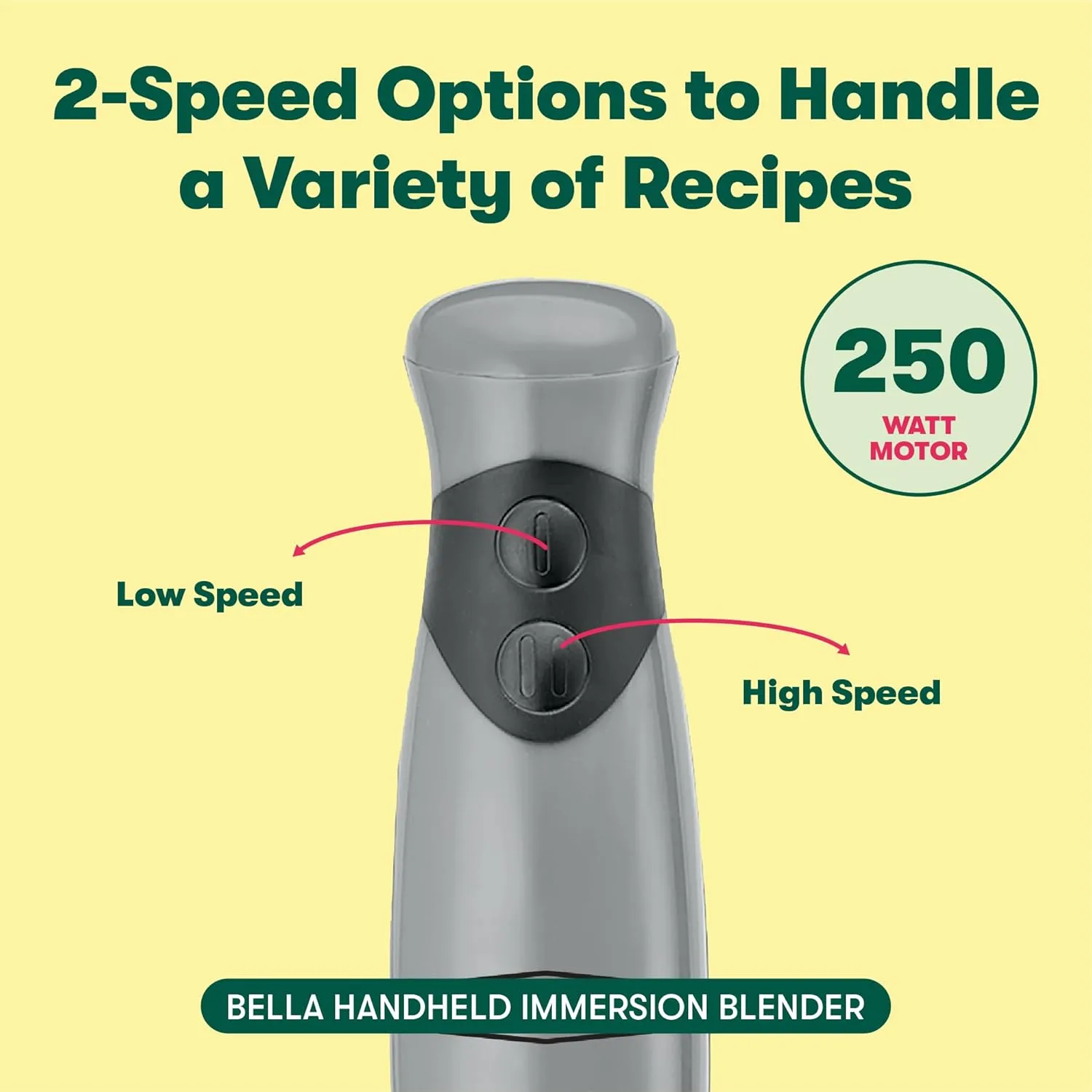 BELLA Immersion Blender, Portable Mixer and Emulsifier with Whisk Attachment, 2 Speed, Electric Handheld Juicer, Shakes, Baby Food and Smoothie Maker, Stainless Steel, BPA Free, 250 Watt, Gray
