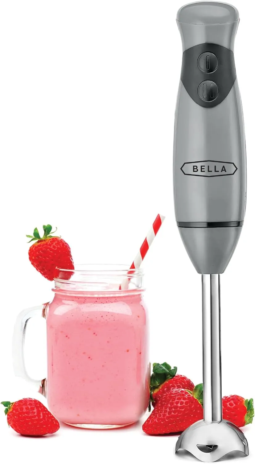 BELLA Immersion Blender, Portable Mixer and Emulsifier with Whisk Attachment, 2 Speed, Electric Handheld Juicer, Shakes, Baby Food and Smoothie Maker, Stainless Steel, BPA Free, 250 Watt, Gray