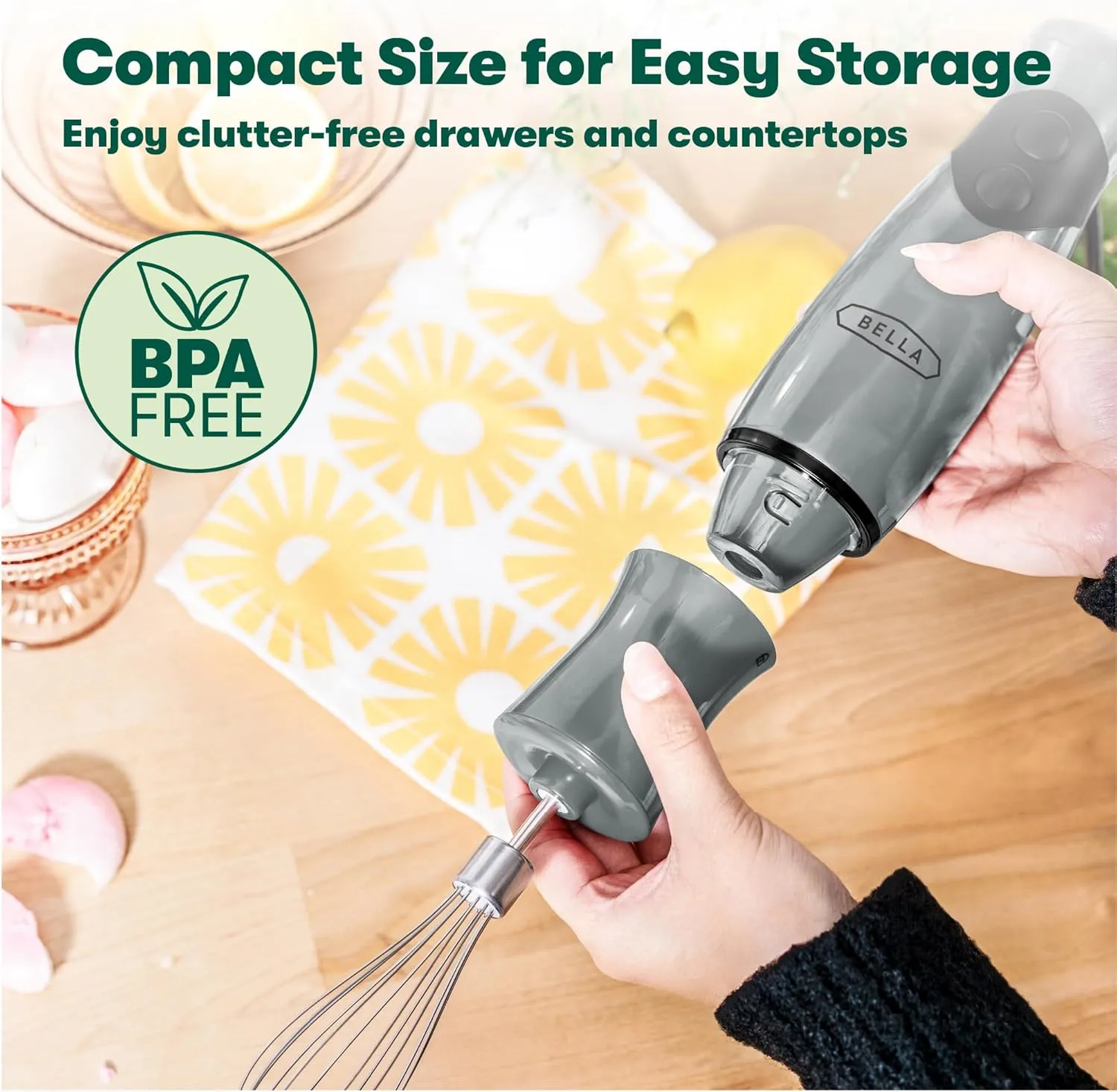 BELLA Immersion Blender, Portable Mixer and Emulsifier with Whisk Attachment, 2 Speed, Electric Handheld Juicer, Shakes, Baby Food and Smoothie Maker, Stainless Steel, BPA Free, 250 Watt, Gray
