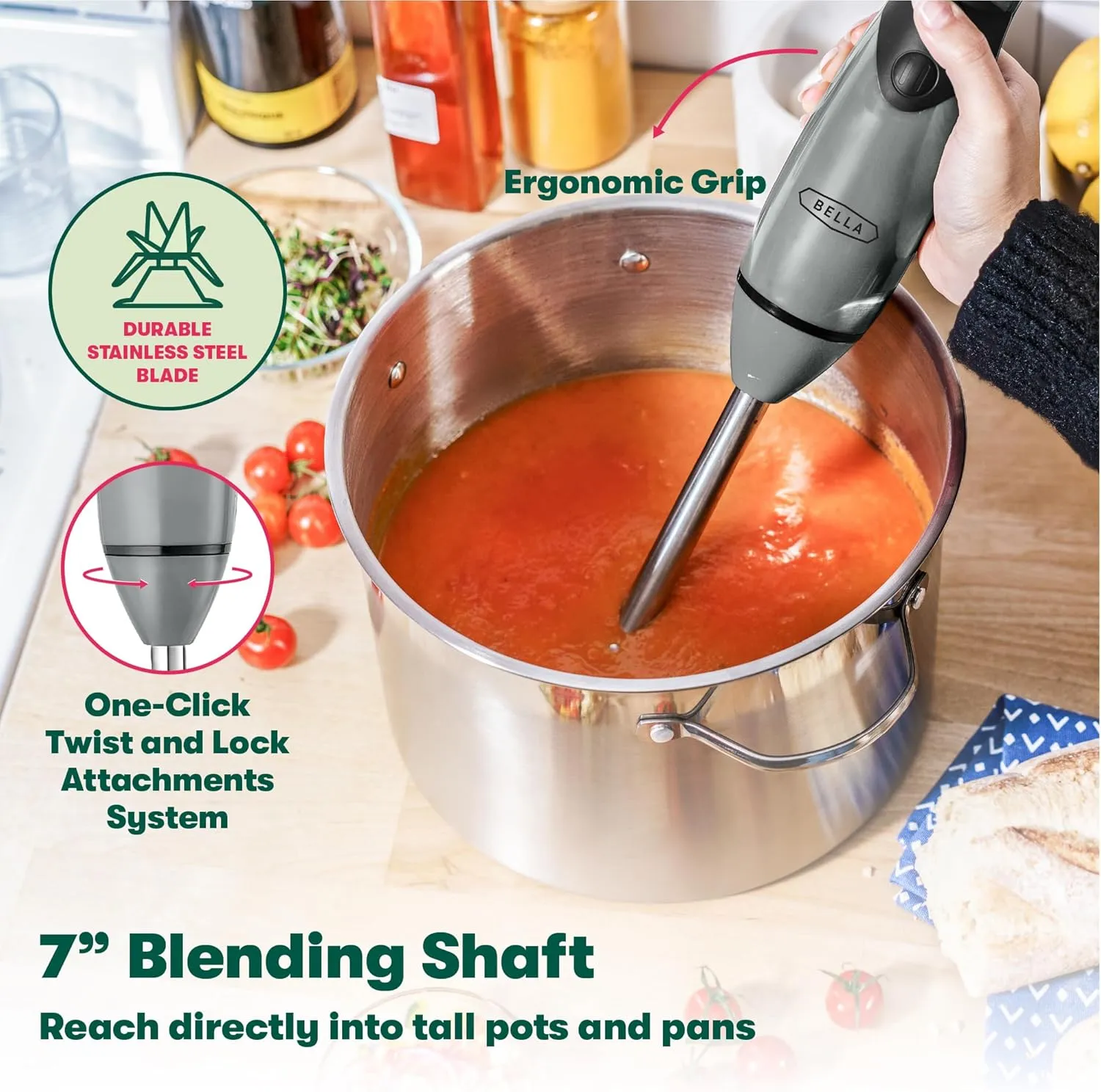 BELLA Immersion Blender, Portable Mixer and Emulsifier with Whisk Attachment, 2 Speed, Electric Handheld Juicer, Shakes, Baby Food and Smoothie Maker, Stainless Steel, BPA Free, 250 Watt, Gray