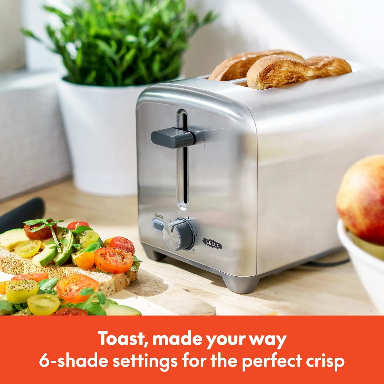 bella Stainless Steel 2 Slice Toaster with Extra Wide Slots & Removable Crumb Tray, 6 Browning Options, Auto Shut Off & Reheat Function, Toast Bread, Bagel & Waffle