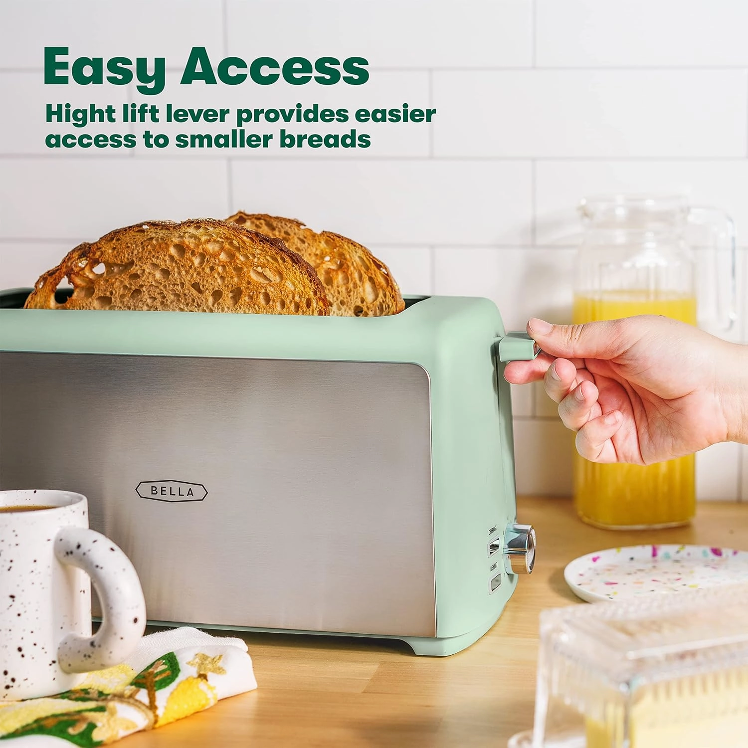 BELLA 4 Slice Toaster, Long Slot & Removable Crumb Tray, 7 Shading Options with Auto Shut Off, Cancel & Reheat Button, Toast Bread & Bagel, Stainless Steel & Sage