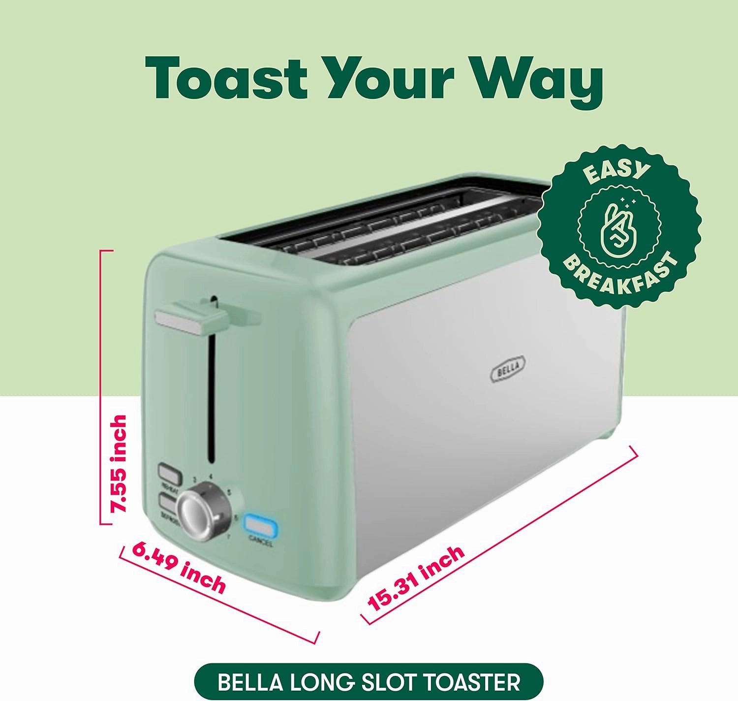 BELLA 4 Slice Toaster, Long Slot & Removable Crumb Tray, 7 Shading Options with Auto Shut Off, Cancel & Reheat Button, Toast Bread & Bagel, Stainless Steel & Sage