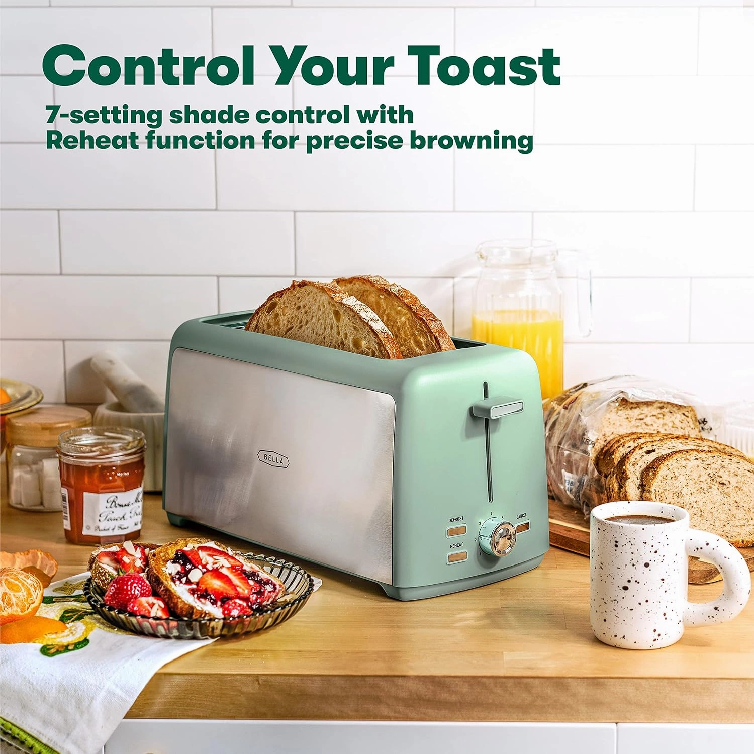 BELLA 4 Slice Toaster, Long Slot & Removable Crumb Tray, 7 Shading Options with Auto Shut Off, Cancel & Reheat Button, Toast Bread & Bagel, Stainless Steel & Sage