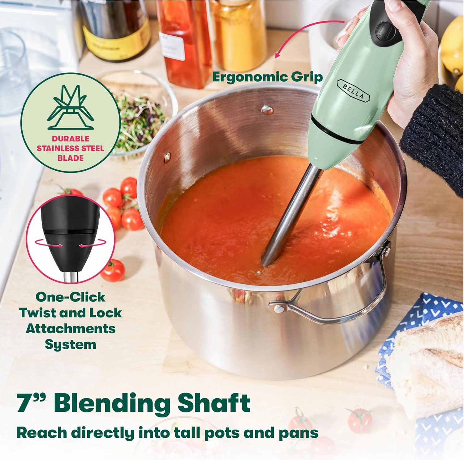 bella Immersion Blender, Portable Mixer and Emulsifier with Whisk Attachment, 2 Speed, Electric Handheld Juicer, Shakes, Baby Food and Smoothie Maker, Stainless Steel, BPA Free, 250 Watt, Sage