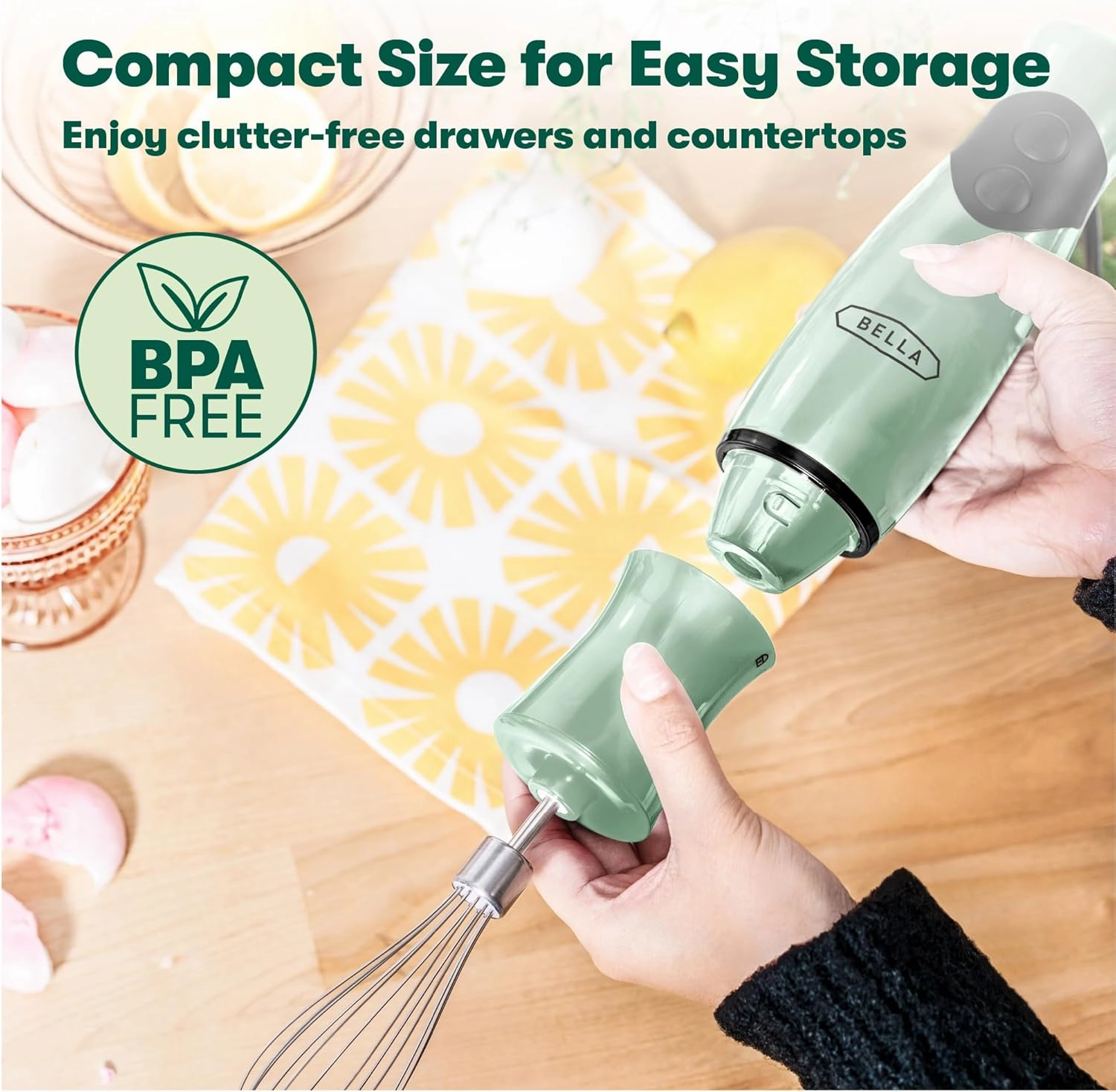 bella Immersion Blender, Portable Mixer and Emulsifier with Whisk Attachment, 2 Speed, Electric Handheld Juicer, Shakes, Baby Food and Smoothie Maker, Stainless Steel, BPA Free, 250 Watt, Sage