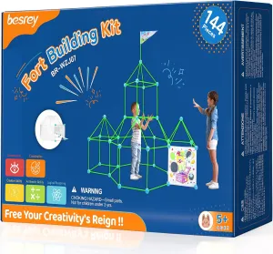besrey Fort Building Kit for Kids - 144 Pieces Play Fort Construction STEM Building Toys Indoor/Outdoor for Boys & Girls Ages 5 , Glow Fort Building Kit, Tunnels, Create Tents, Castles, Rockets & More