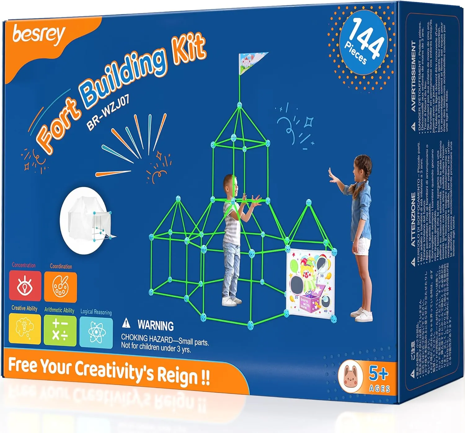 besrey Fort Building Kit for Kids - 144 Pieces Play Fort Construction STEM Building Toys Indoor/Outdoor for Boys & Girls Ages 5 , Glow Fort Building Kit, Tunnels, Create Tents, Castles, Rockets & More