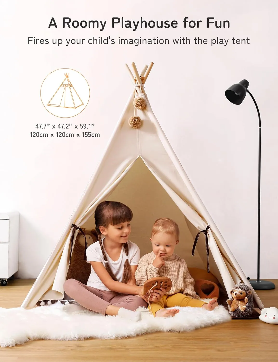 besrey Kids Tent, Teepee Play Tent with Lights and Padded Mat, Portable Cotton Tipi for Indoor Reading and Playtime