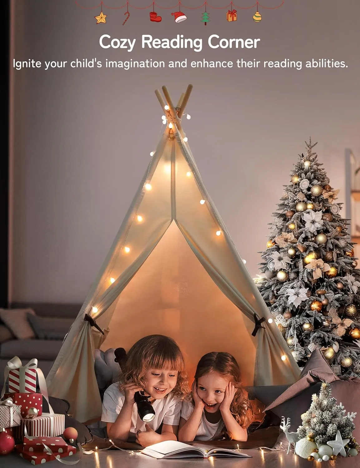besrey Kids Tent, Teepee Play Tent with Lights and Padded Mat, Portable Cotton Tipi for Indoor Reading and Playtime