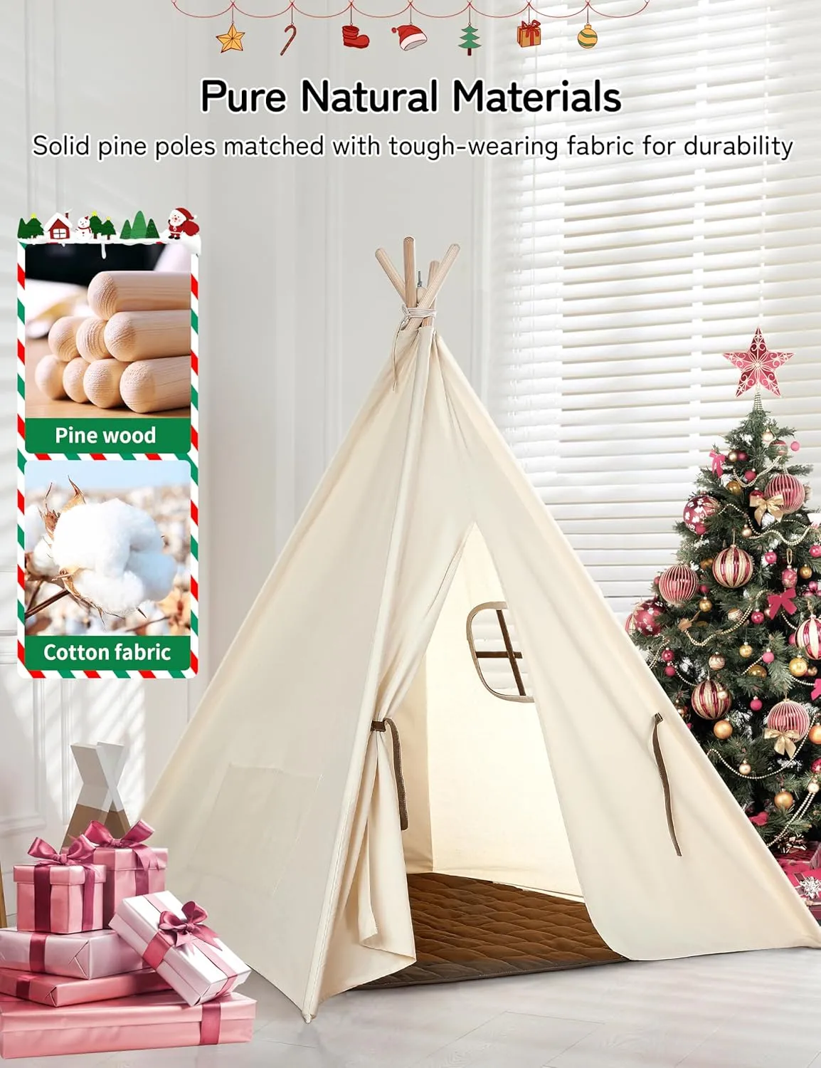 besrey Kids Tent, Teepee Play Tent with Lights and Padded Mat, Portable Cotton Tipi for Indoor Reading and Playtime
